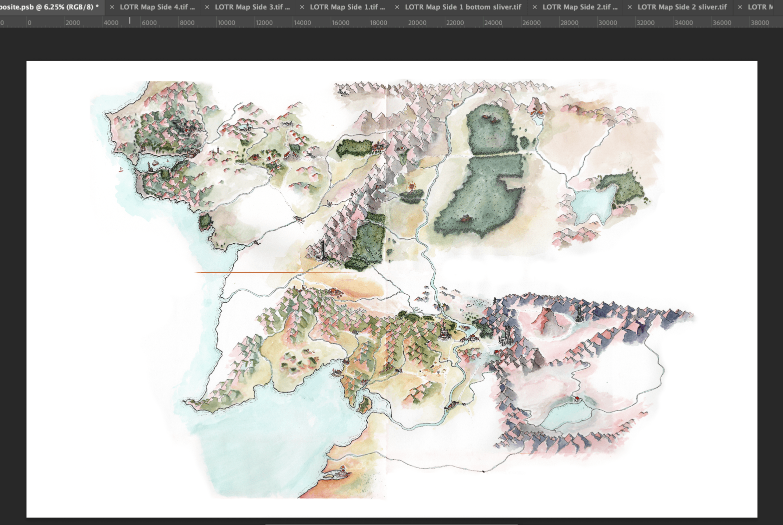In-progress screenshot of a watercolor map of Middle Earth being stitched together in Photoshop